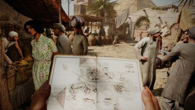 A POV shot shows Indy holding and looking at a map in what looks like a market.